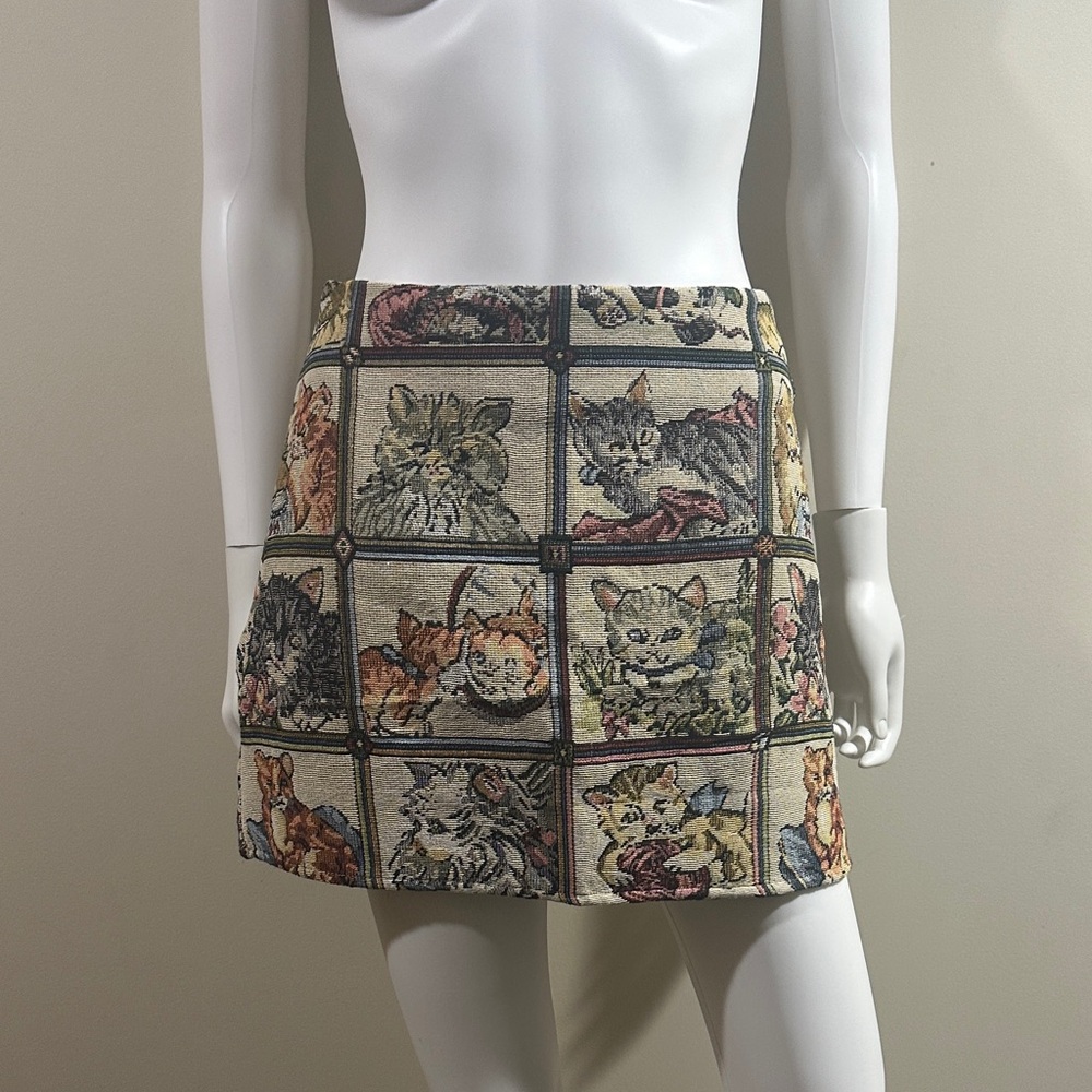 Cat Patchwork Mini Skirt - Beige Multi